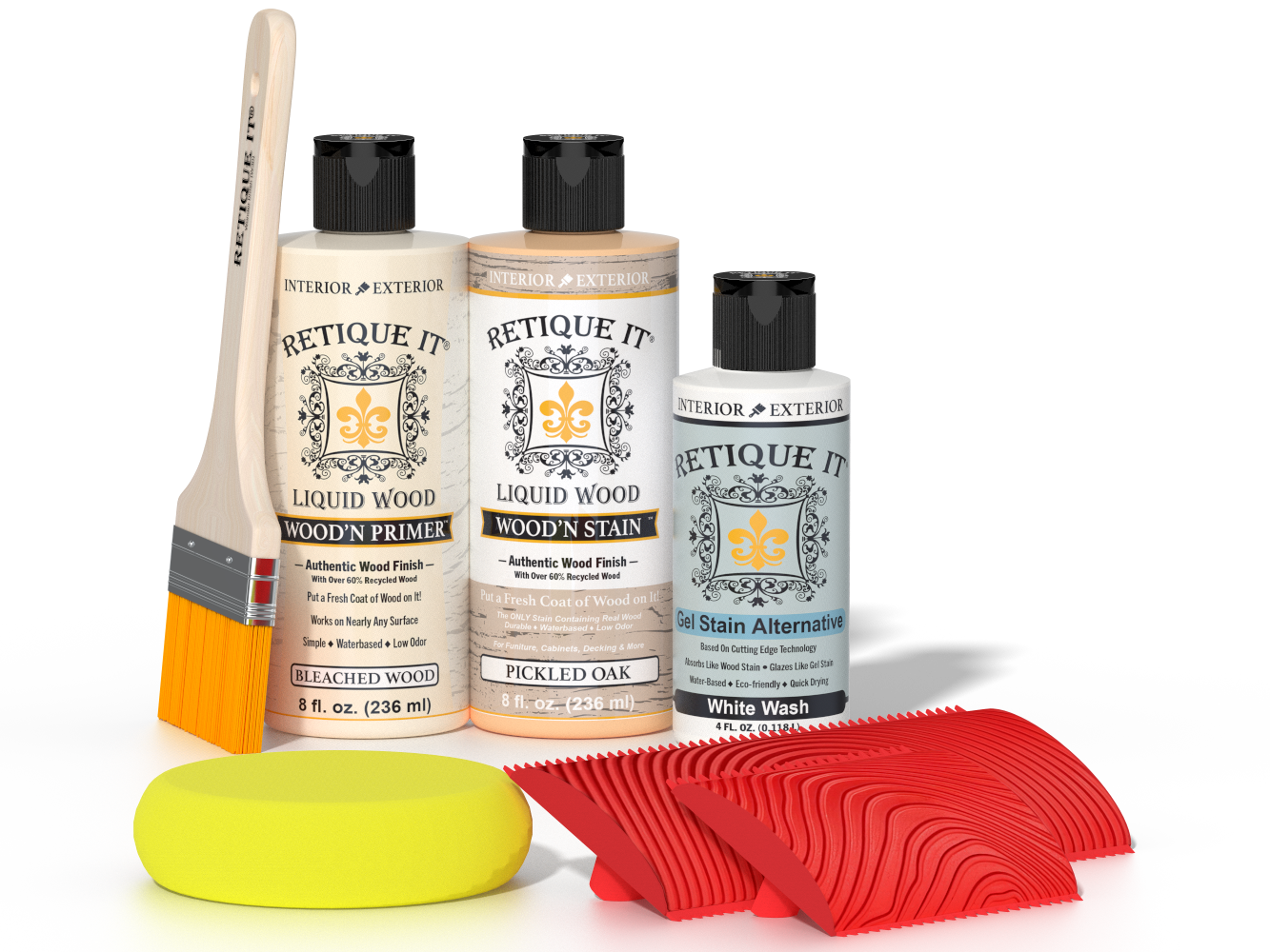 Retique It® Wood'n Finish Kit in Sun Bleached for fireplace mantel, showing wood finish applicator and sample wood surface.