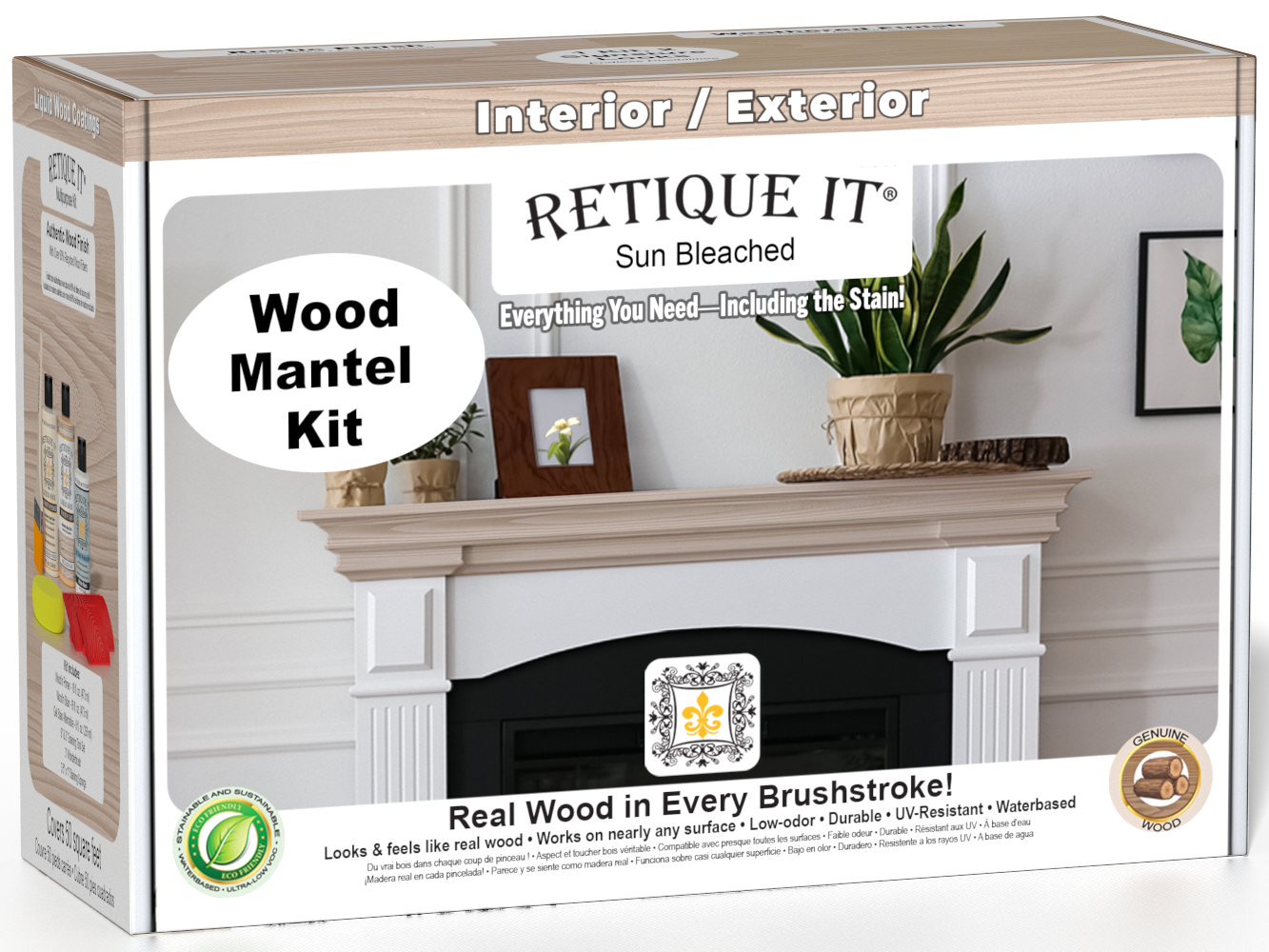 Retique It® Wood'n Finish Kit in Sun Bleached for fireplace mantels, includes wood finish and application tools in a box.