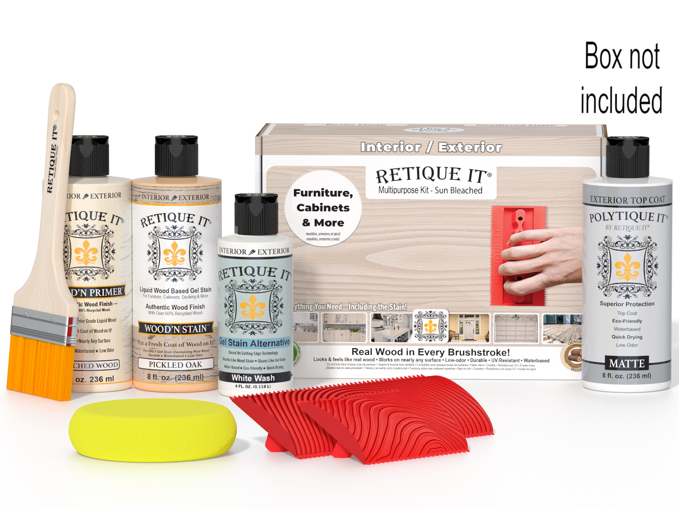 Retique It Wood'n Finish Kit in a box with a rich dark brown finish, featuring wood surface and finish tools.