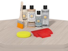 Retique It Wood'n Finish Kits with a table showing the wood finish in a natural tone, highlighting the kit's application on furniture.