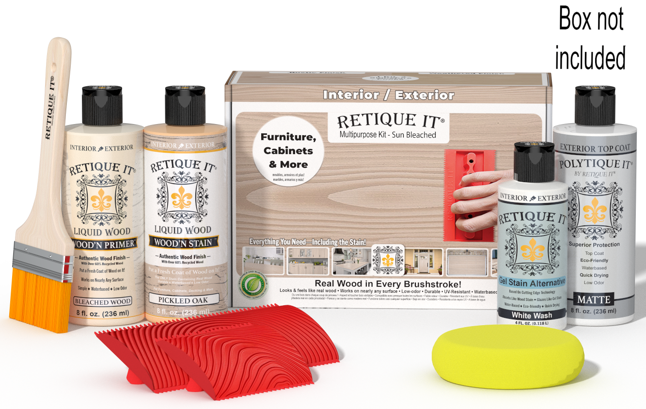 Sun-bleached Wood'n Finish Kit by Retique It® for exterior wood surfaces, includes top coat in a multi-purpose wood finishing set.
