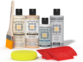 Retique It® Wood'n Finish Kit in Sun Bleached for exterior wood projects, featuring top coat and application tools.