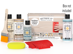 Retique It® Wood'n Finish Kit in a box with dark walnut stain and application tools, designed for wood finishing projects