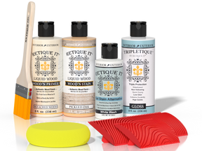 Retique It® Wood'n Finish Kit in Sun Bleached for interior top coating, showing wood surface with light, sun-bleached finish.
