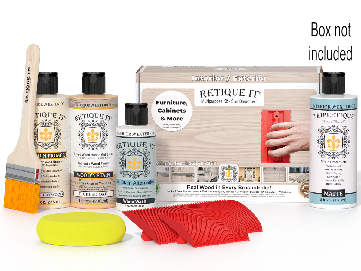 Retique It® Wood'n Finish Kit in box with natural wood finish, includes sample swatches and application tools.