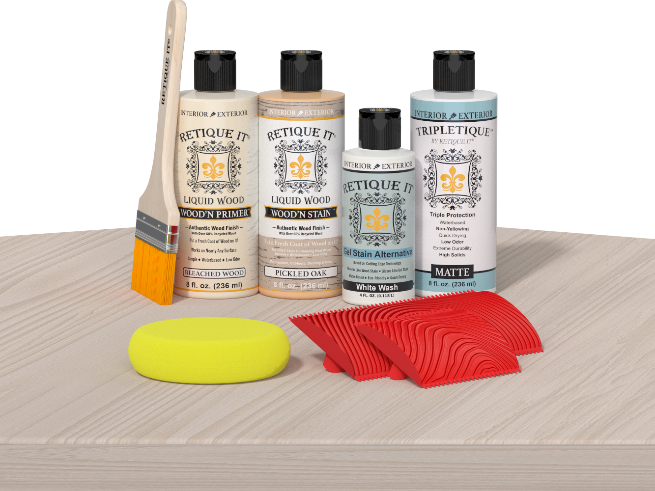 Retique It® Wood'n Finish Kit in Sun Bleached for interior wood projects, showing the top coat and application tools.
