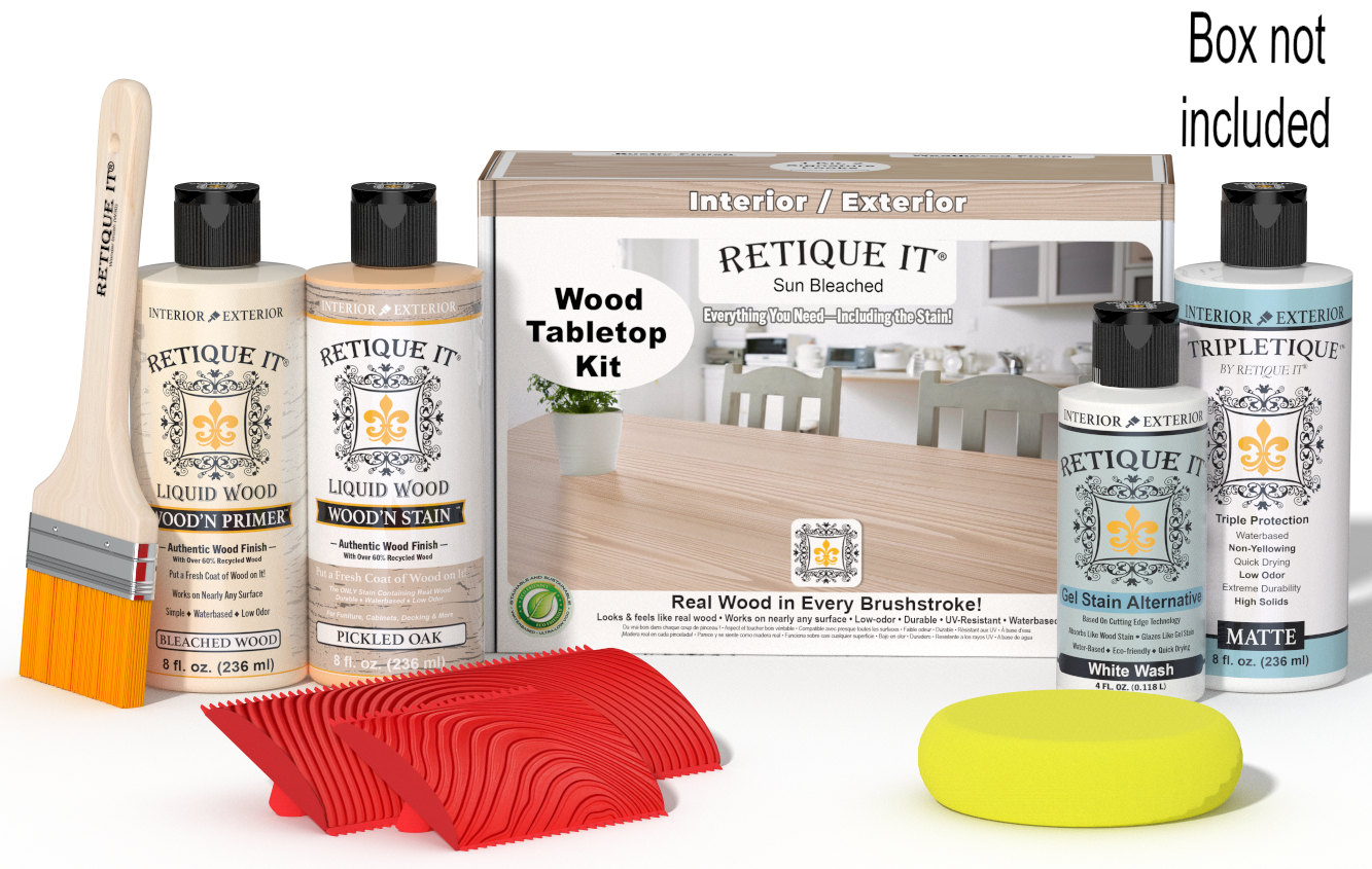 Retique It Wood'n Finish Kit Sun Bleached for tabletops, includes wood finish products and application tools in a box.