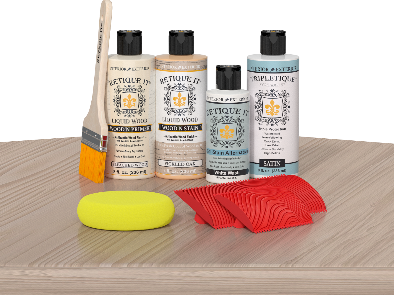Retique It® Wood'n Finish Kit Sun Bleached tabletop with wood finish sample and tools for wood finishing projects.