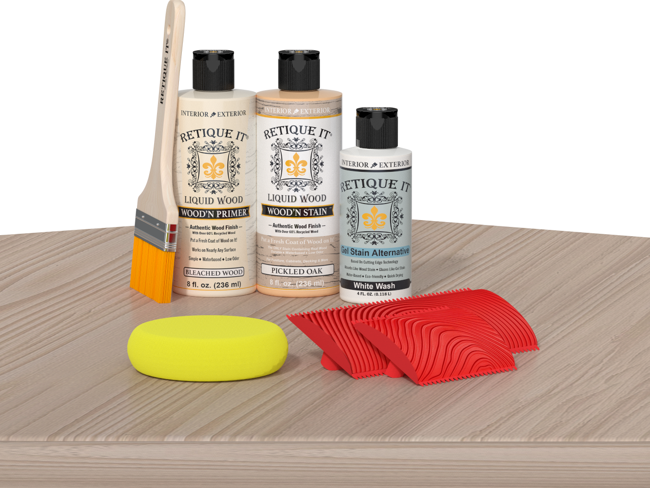 Retique It® Wood'n Kit Sun Bleached on table, featuring multiple wood finish components for furniture restoration.