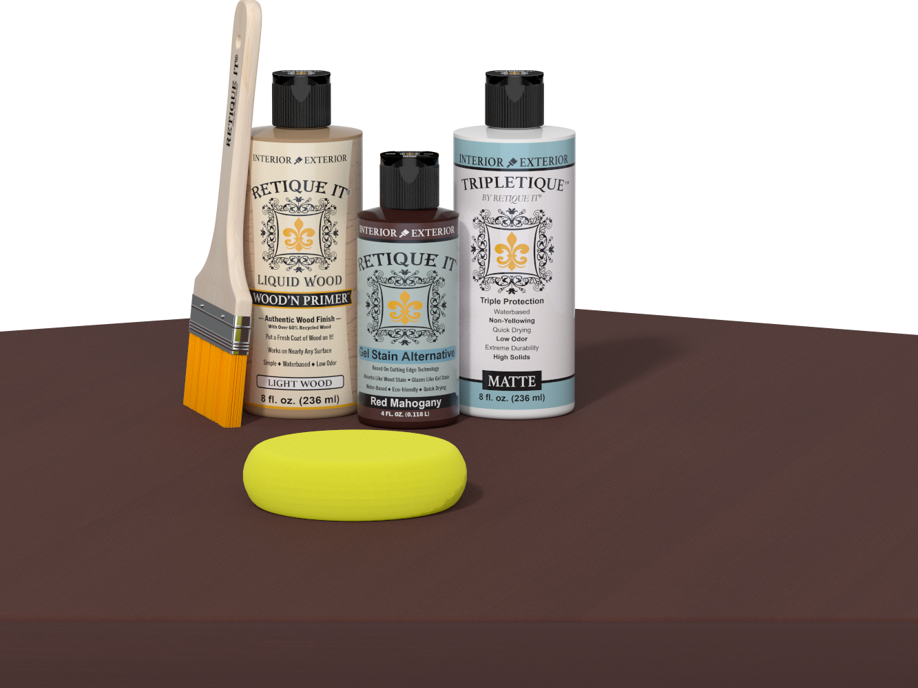 Retique It refinishing kit with Light Wood primer, Red Mahogany gel stain alternative, matte Tripletique topcoat, a brush and yellow sponge.