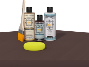 Retique It refinishing kit with Light Wood primer, Java gel stain alternative, matte Tripletique topcoat, a brush and yellow sponge.