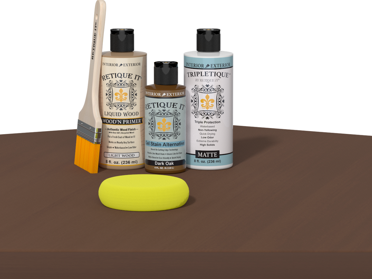 Retique It refinishing kit with Light Wood primer, Dark Oak gel stain alternative, matte Tripletique topcoat, a brush and yellow sponge.