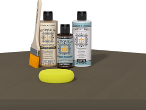Retique It refinishing kit with Light Wood primer, Black Walnut gel stain alternative, matte Tripletique topcoat, a brush and yellow sponge.