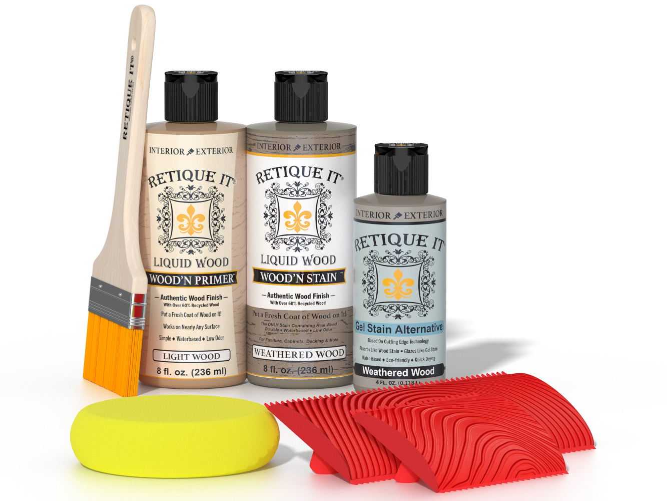Weathered Wood Multi-purpose Wood'n Finish Kit by Retique It®, showing the textured weathered wood finish sample.