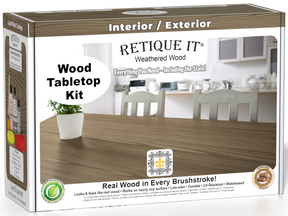 Retique It® Wood'n Finish Kit in Weathered Wood stain, showing a tabletop with weathered wood finish and stain application.