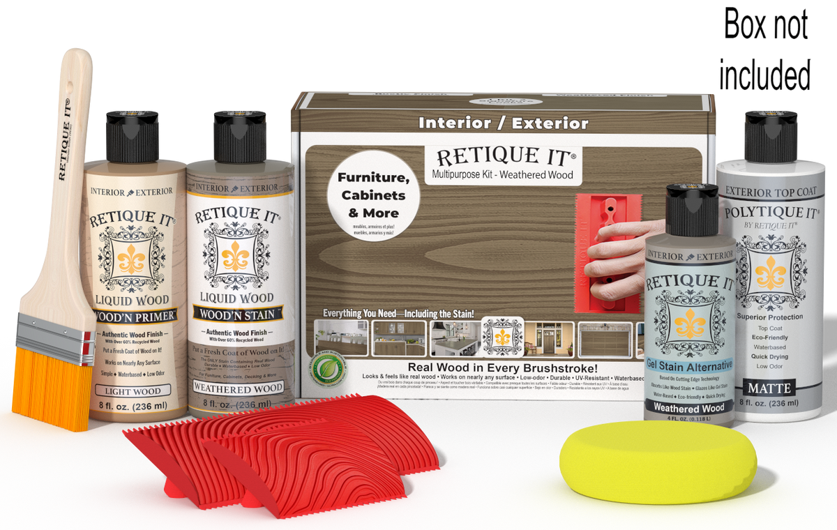 Retique It® Wood'n Kit in Weathered Wood finish, exterior top coat with wood finish products, shown in box and palette.