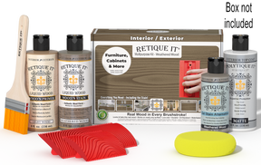 Retique It® Wood'n Kit in Weathered Wood finish, exterior top coat with wood finish products, shown in box and palette.