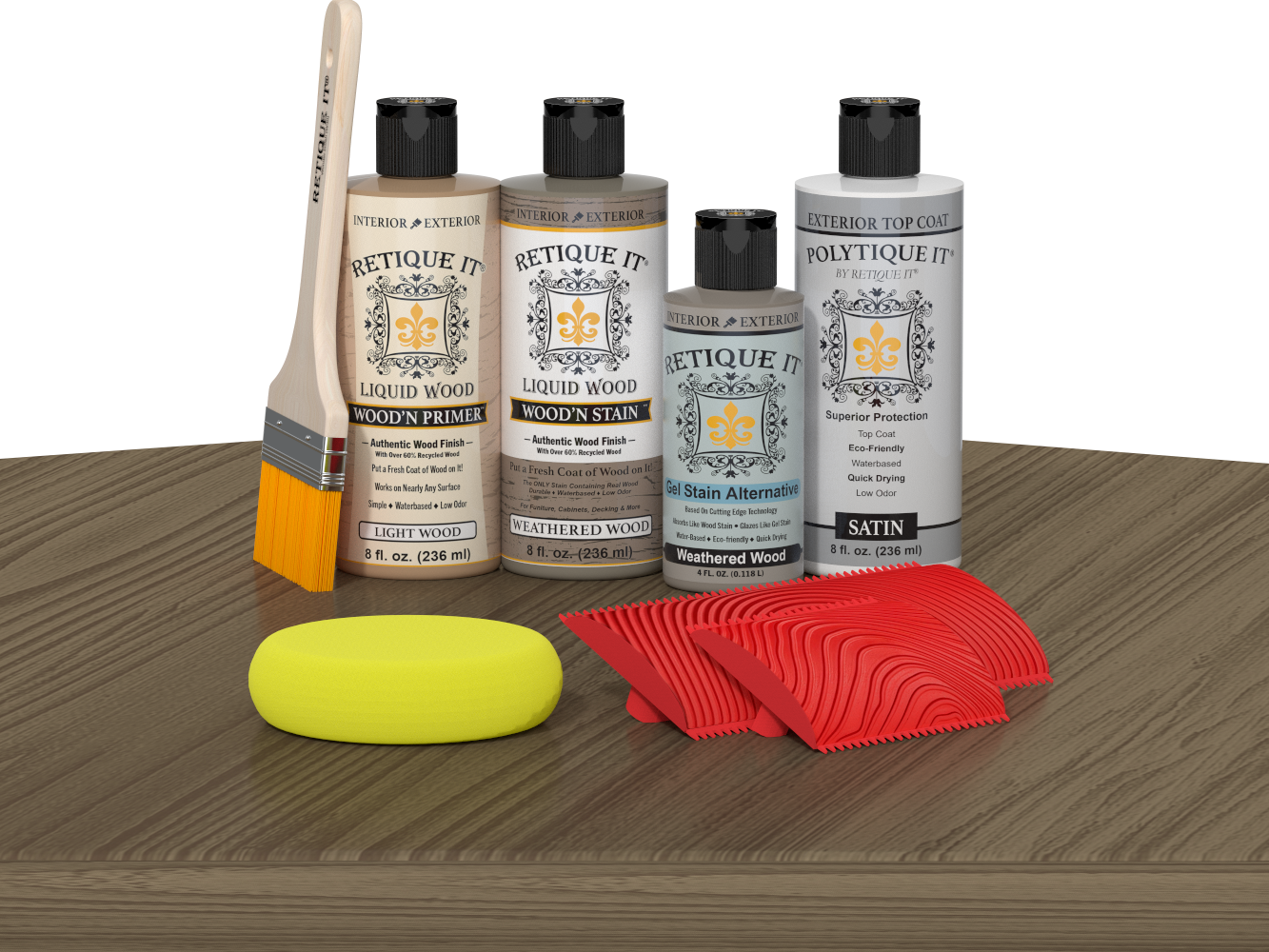 Retique It® Wood'n Finish Kit in Weathered Wood, featuring exterior top coat and wood finish supplies on a table.