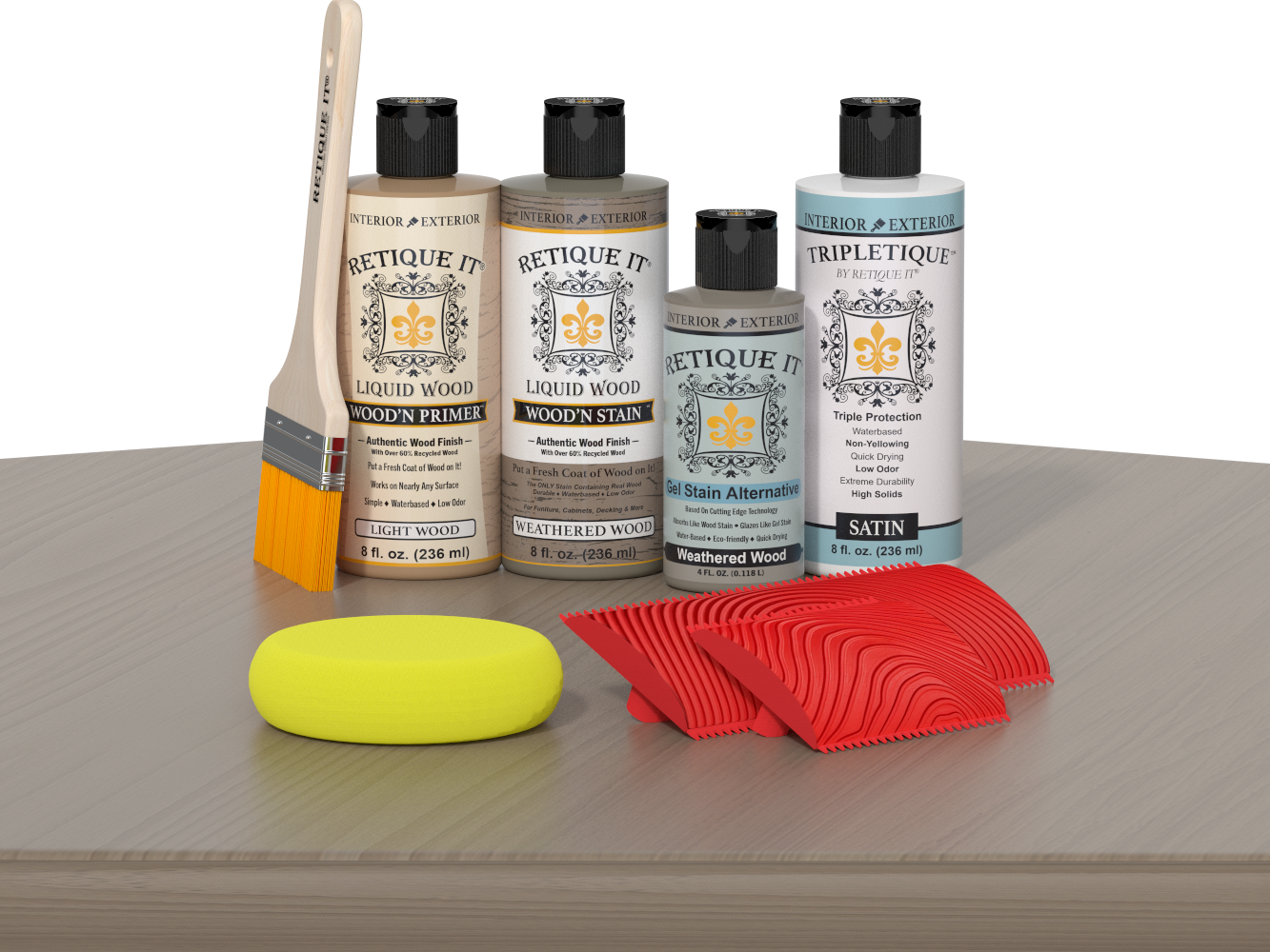 Wood'n Kit weathered wood finish kit for interior furniture by Retique It®, shown on a table with weathered wood top coat.
