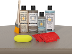 Wood'n Kit weathered wood finish kit for interior furniture by Retique It®, shown on a table with weathered wood top coat.