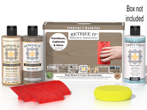 Retique It® Wood'n Finish Kit in Weathered Wood for interior top coat, featuring a box with wood finishing supplies and tools.