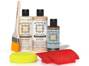 Retique It® Wood'n Finish Kit in White Oak featuring multiple wood finishing tools and supplies for woodworking projects.