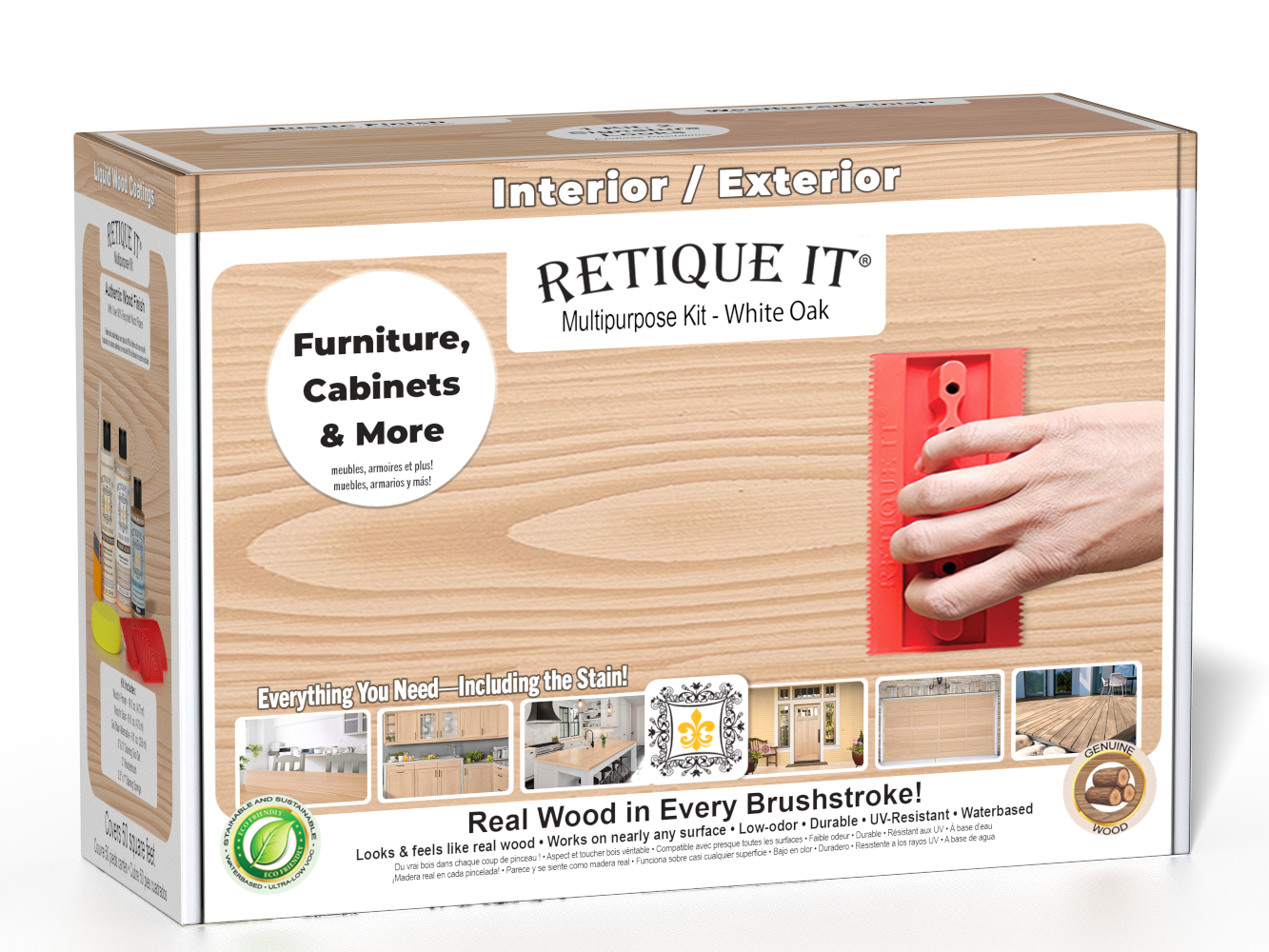 Retique It® Wood'n Finish Kit in White Oak featuring exterior top coat and accessories in a box for wood finishing projects.