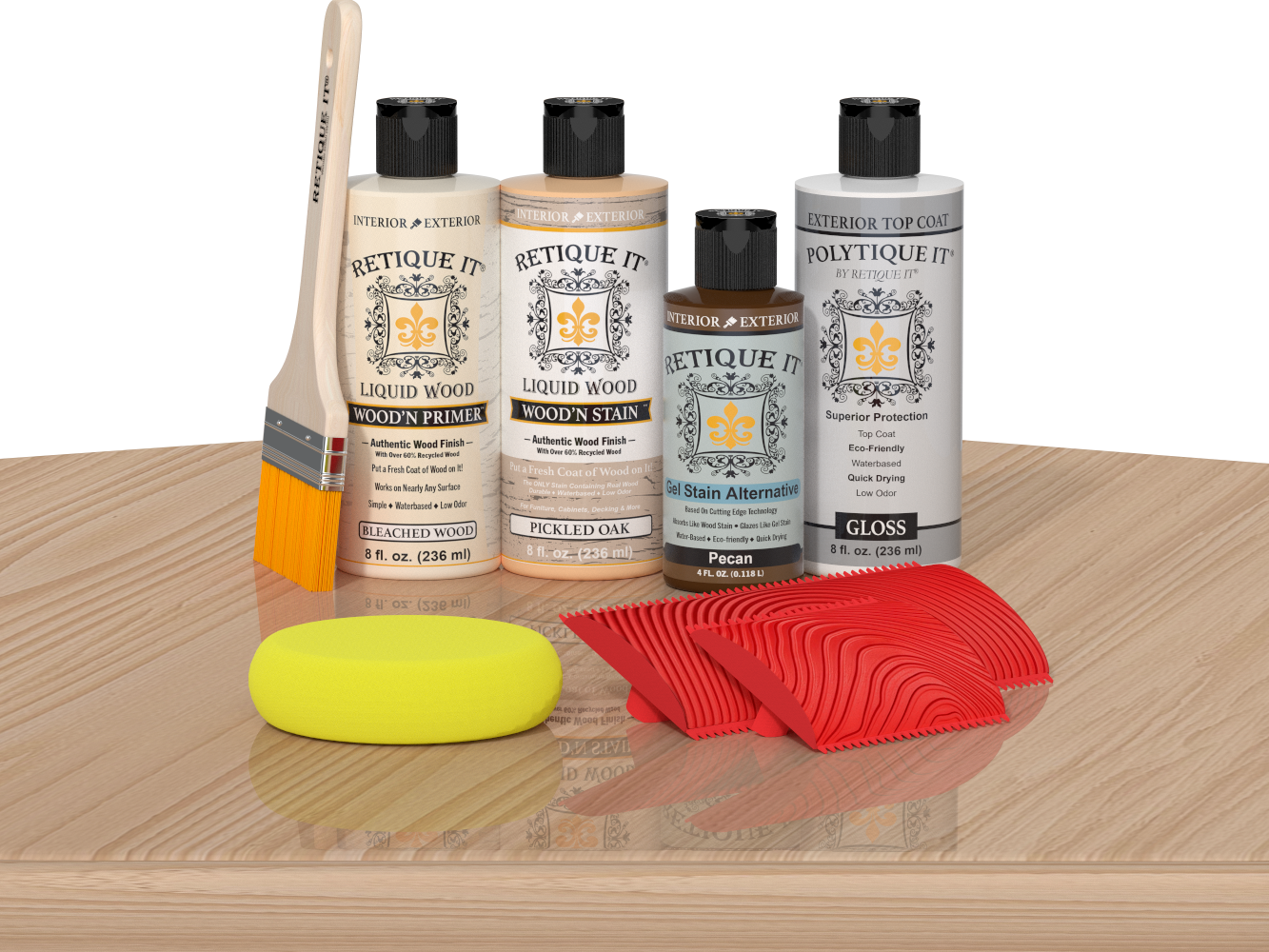 White oak Wood'n Finish Kit by Retique It® with exterior top coat, displayed on a table for multi-purpose wood finishing.
