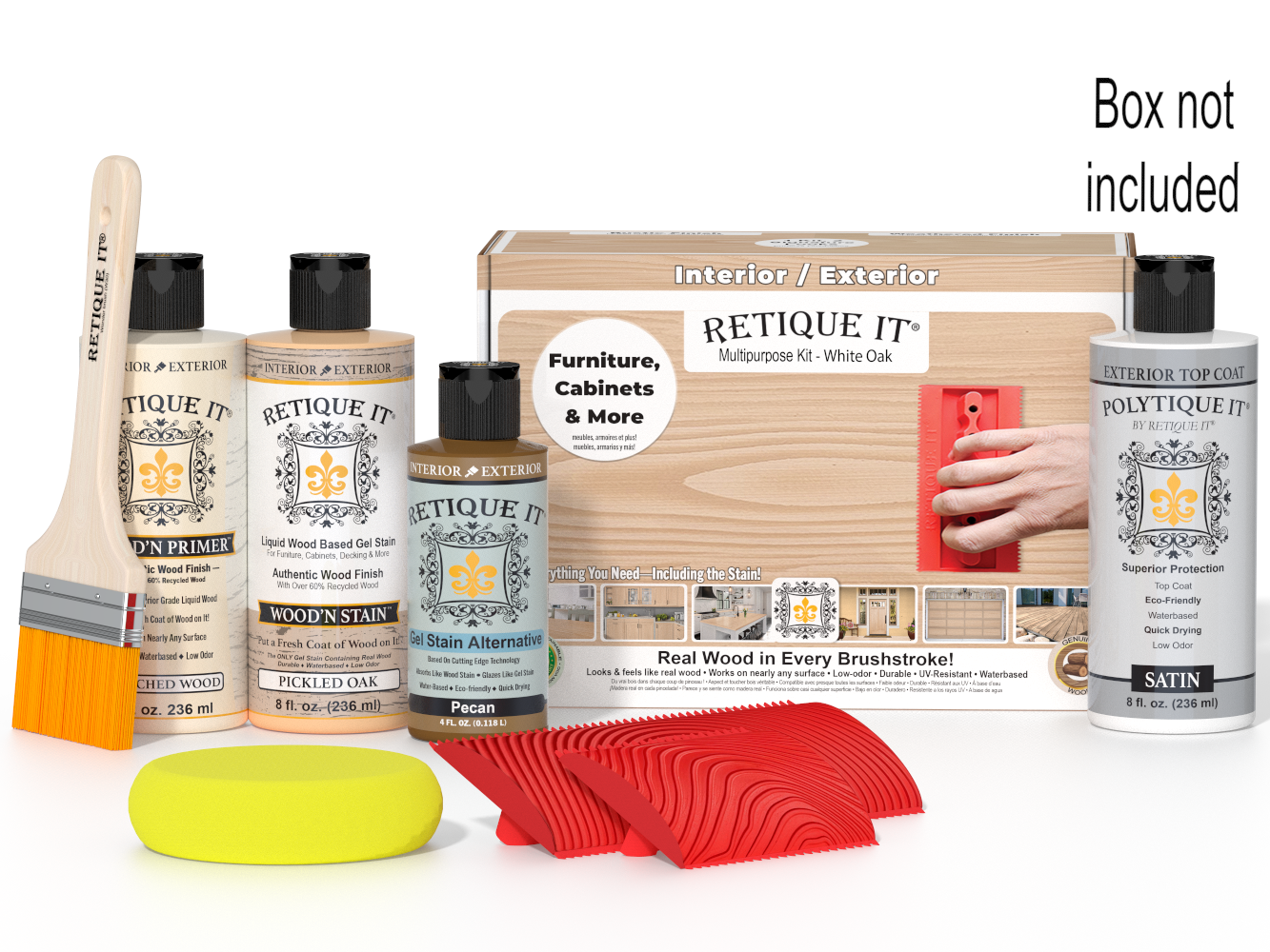 Retique It Wood'n Finish Kit in Oak, includes tools and supplies for wood finishing projects, shown in a box with branding.