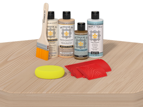 White oak wood finish kit by Retique It for interior top coating, featuring a wood grain table surface with natural wood tone.