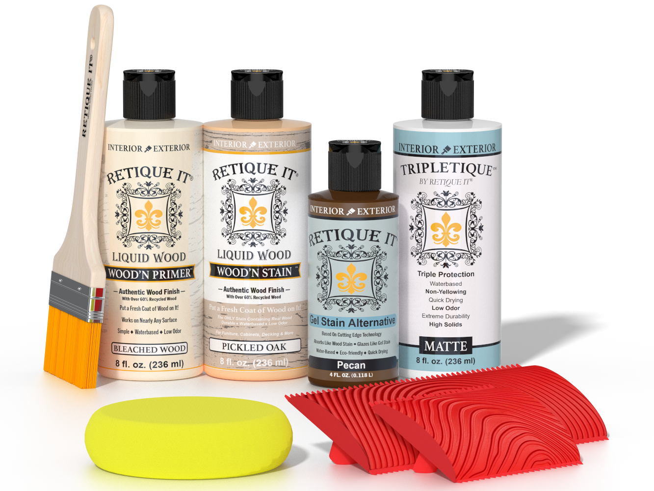 Retique It® Wood'n Finish Kit for White Oak tabletop stains, showing applicator brush and wood grain finish sample.