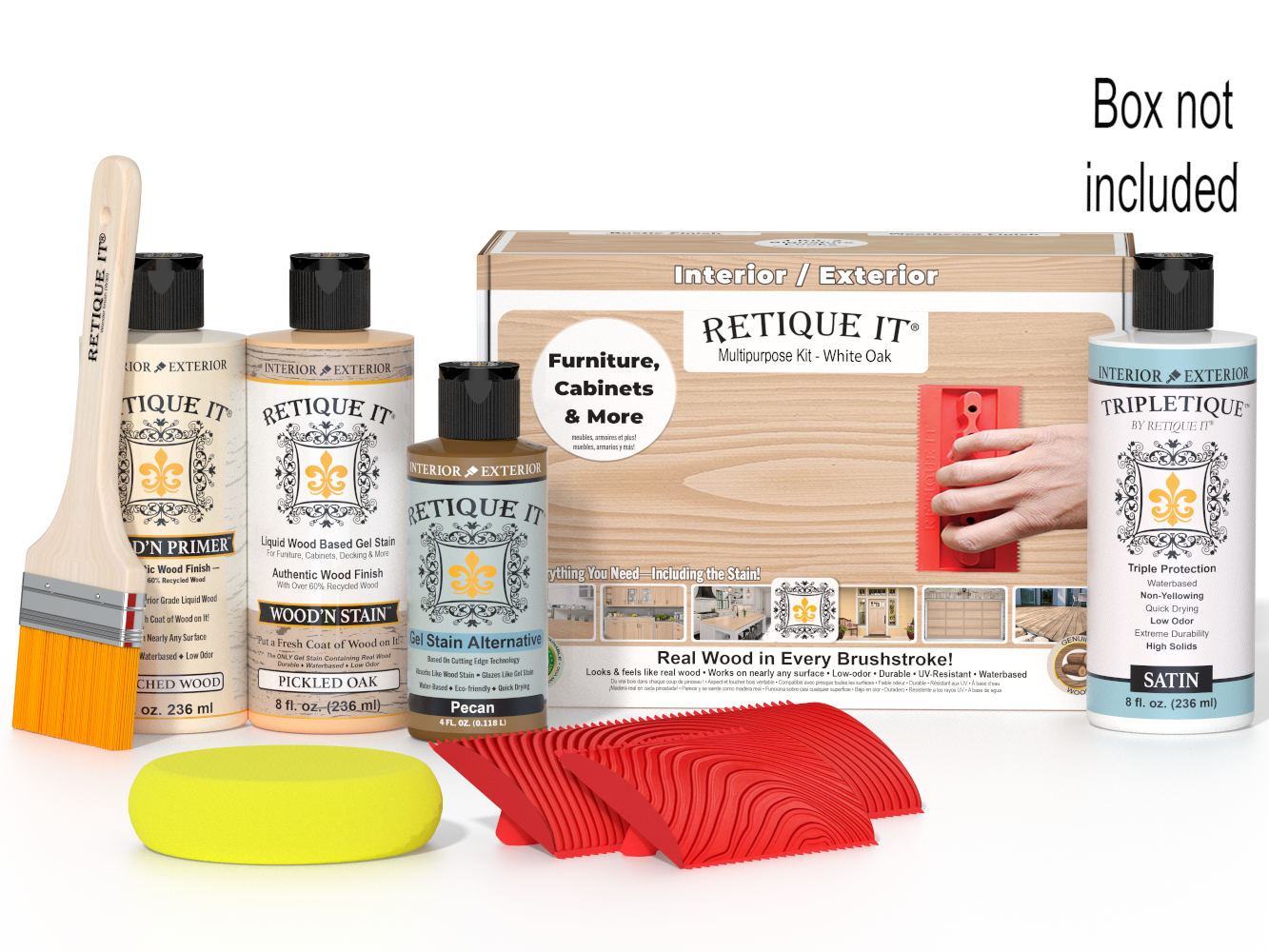 Retique It® Wood'n Finish Kit in White Oak for interior top coating, featuring a box with wood finish supplies and tools.