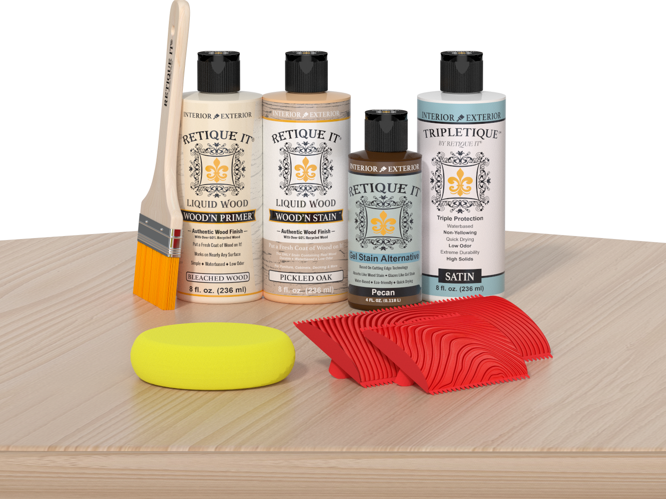 White Oak Wood'n Finish Kit by Retique It® for interior top coating, shown on a table with wood finish components.