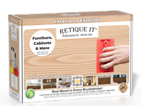 Retique It White Oak multipurpose liquid wood refinishing kit box with light wood grain finish examples and a red graining tool.