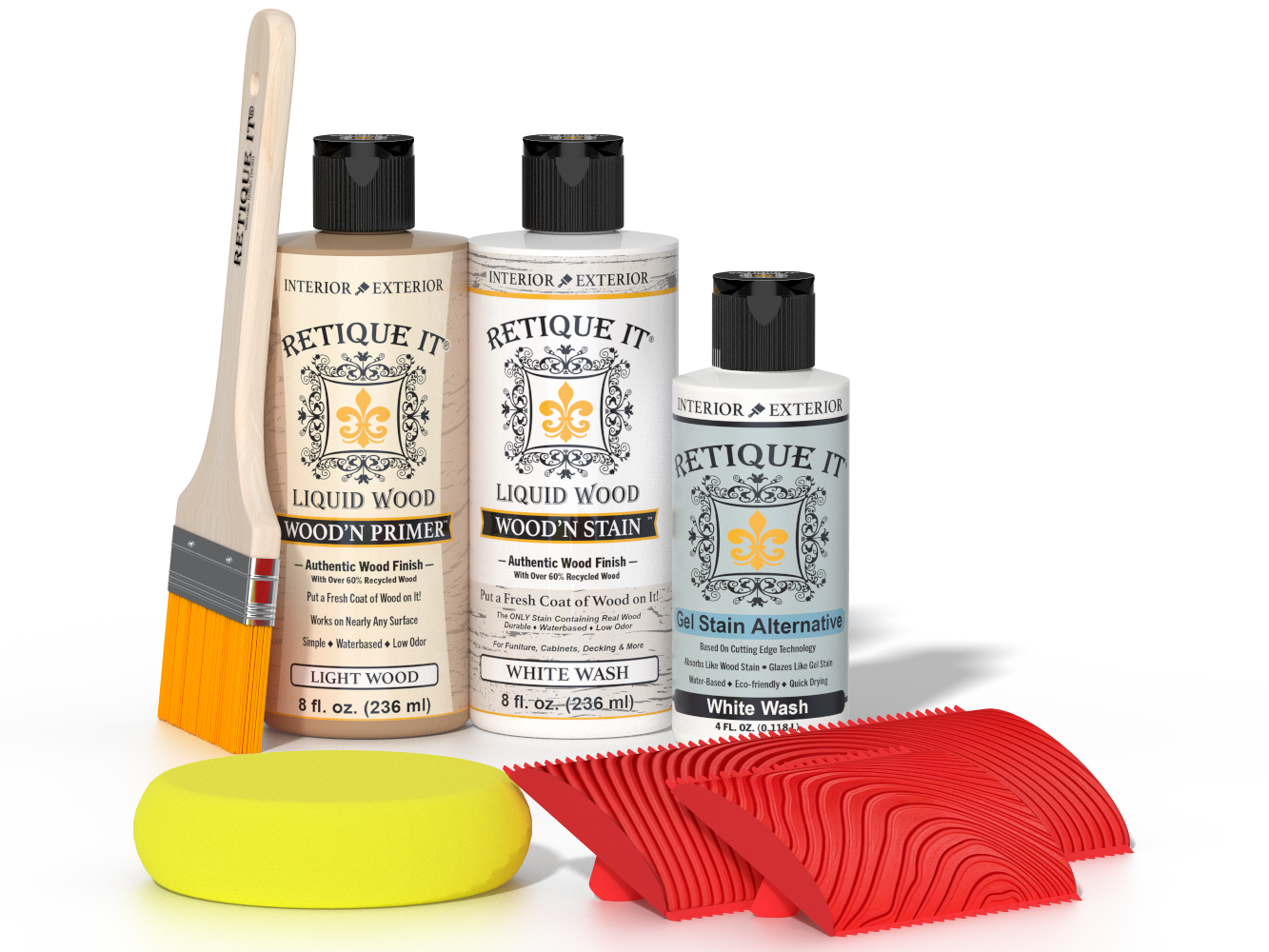 Retique It® White Wash wood finish kit for fireplace mantels, featuring stains and application tools in a natural wood appearance.