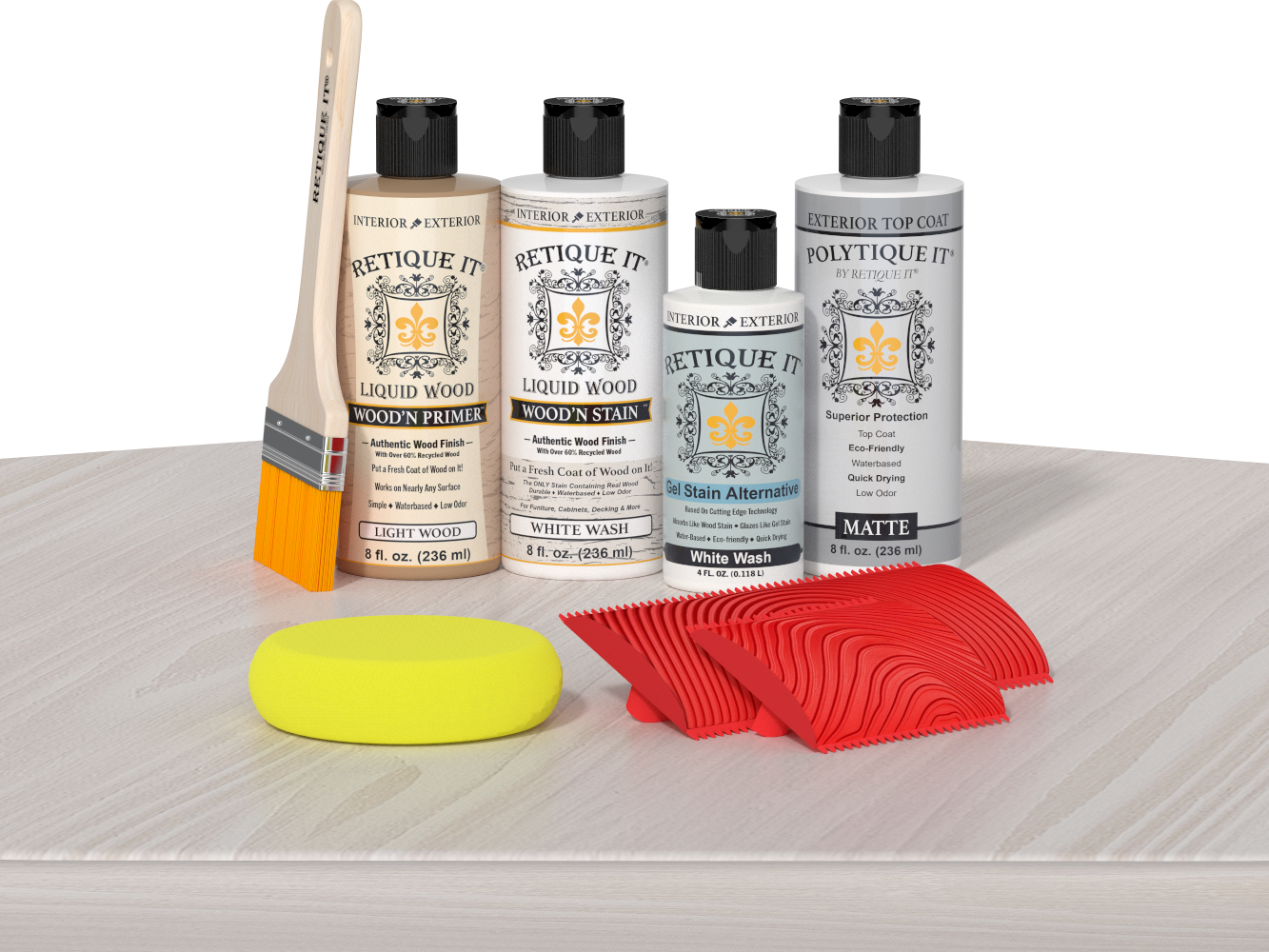 Retique It® Wood'n Finish Kit in White Wash for exterior wood, shown with applicator and sample wood surface.