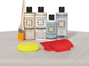 Retique It® Wood'n Finish Kit in White Wash for exterior wood, shown with applicator and sample wood surface.