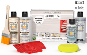Retique It® Wood'n Finish Kit in White Wash for exterior top coat, showing the kit box with wood finishing supplies.