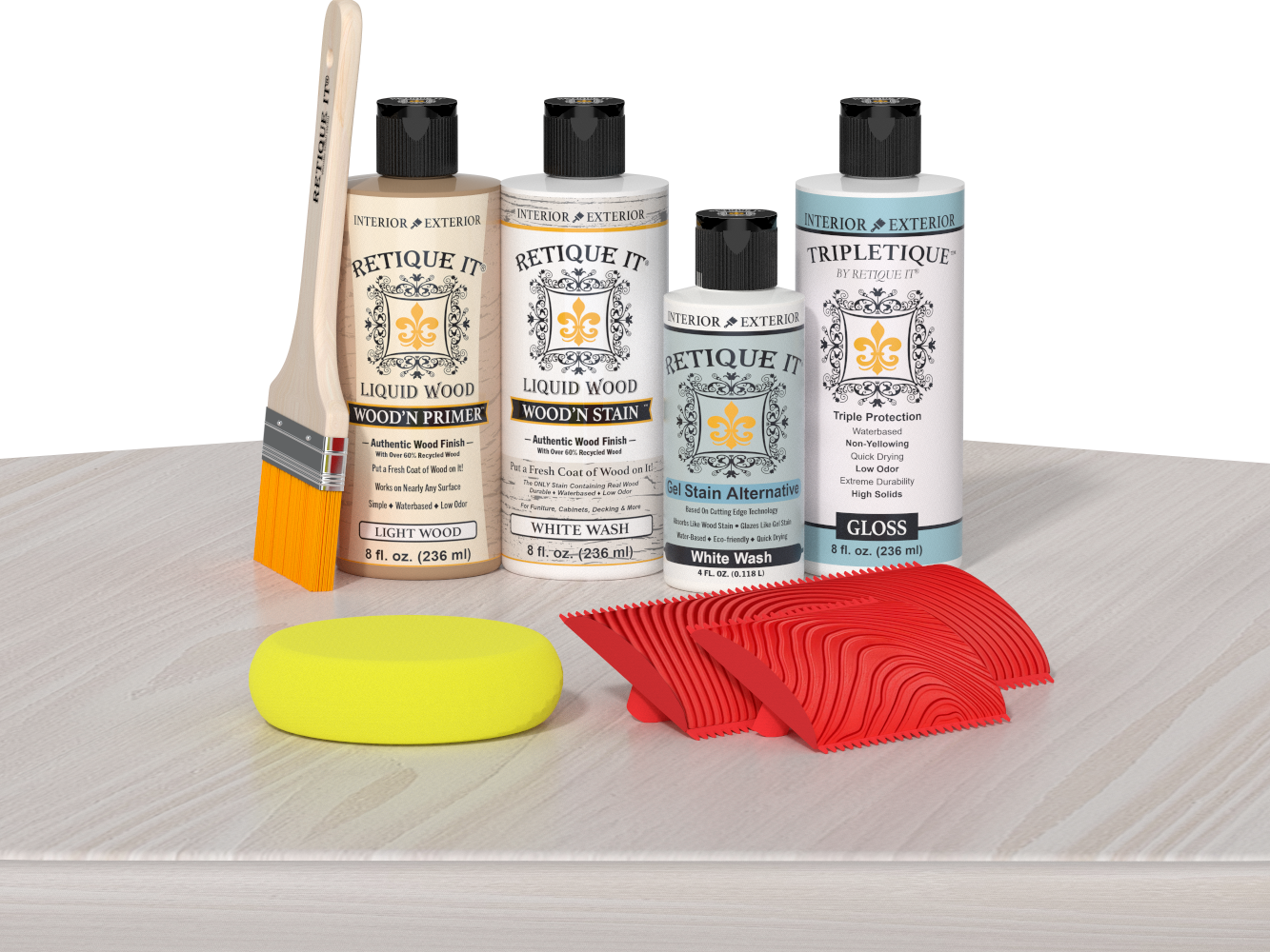 Retique It® Wood'n Finish Kit White Wash stain on a wooden table surface, showcasing the light, whitewashed wood finish.