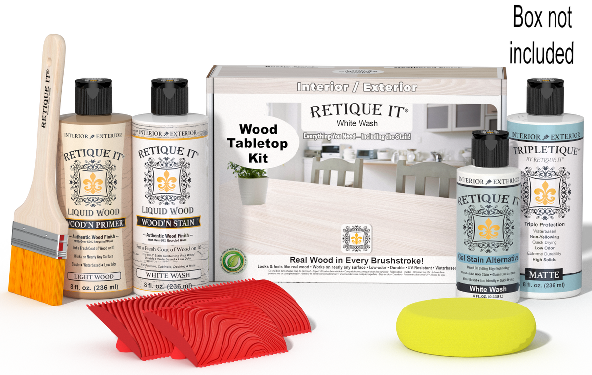Retique It® Wood'n Finish Kit in White Wash for tabletops, includes stain and applicator for a distressed wood look.
