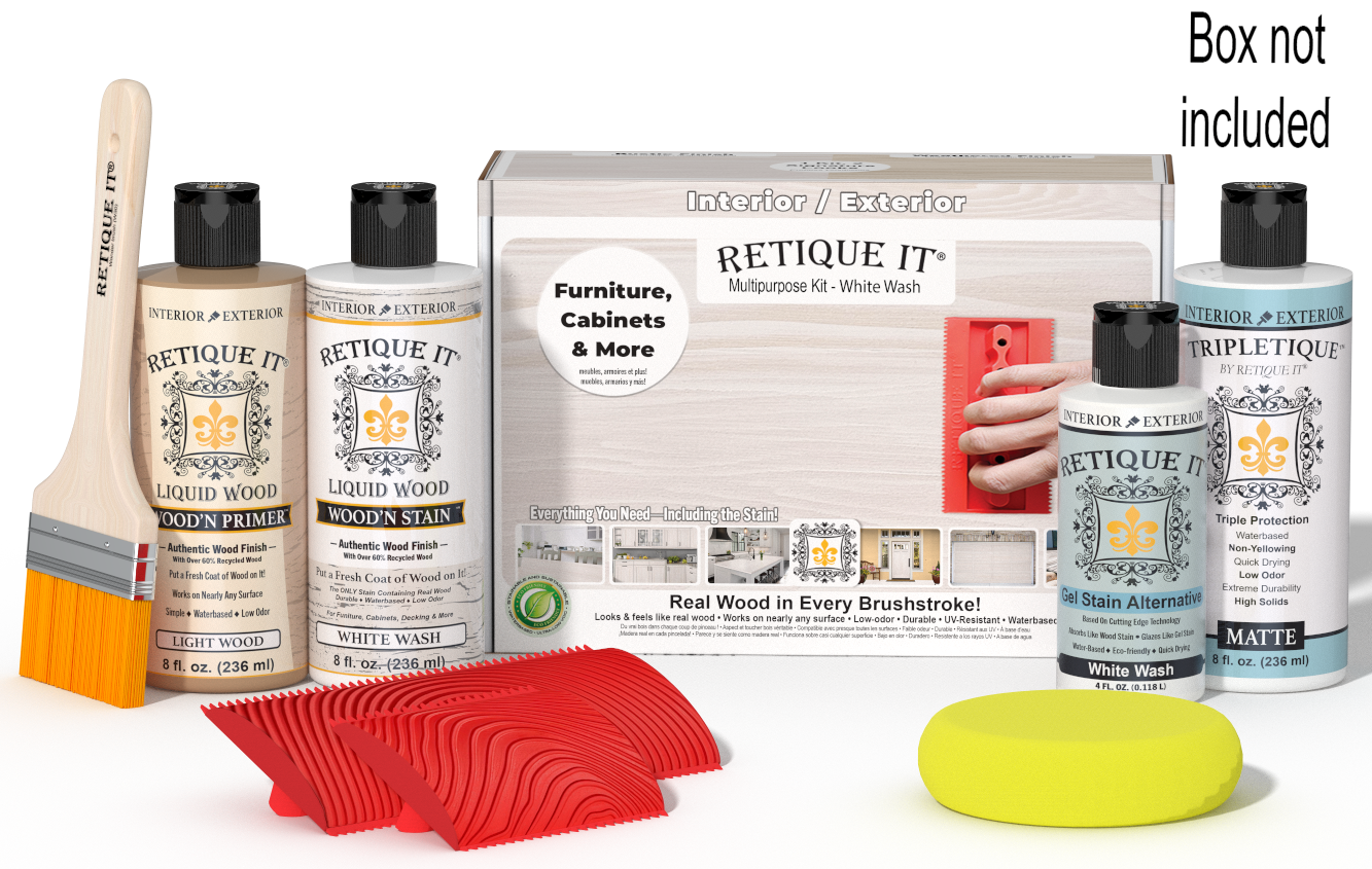 Retique It® Wood'n Kit White Wash interior top coat stain set with brush and applicator for wood finishing projects.
