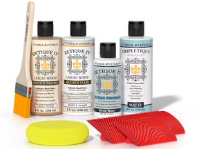 Retique It® Wood'n Kit White Wash interior top coat stain, showing a wooden surface with a white wash finish.