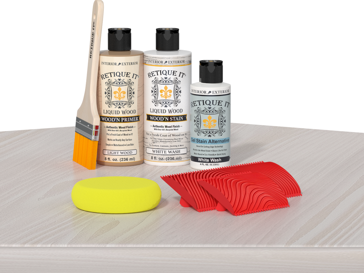 Retique It® Wood'n Finish Kit in White Wash, a multi-purpose wood finish kit with brushes and applicators on a table.