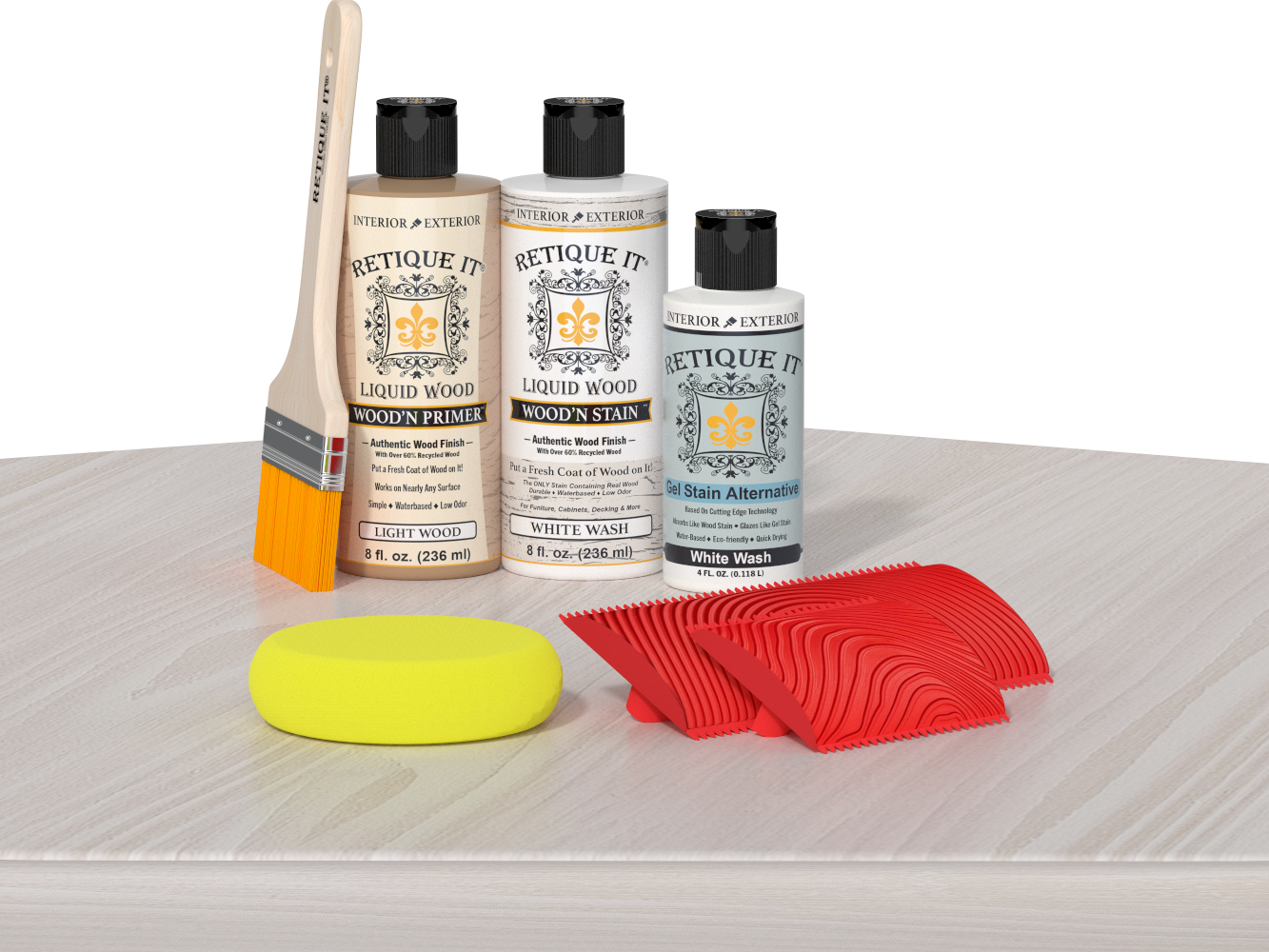 Retique It® Fireplace Mantel Wood'n Finish Kit in White Wash stain displayed on a table, showing natural wood grain and finish details.