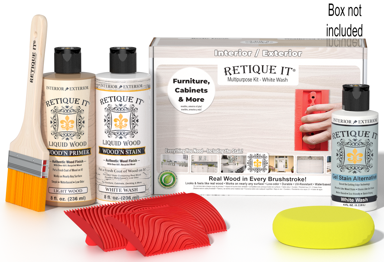 Retique It® Wood'n Finish Kit in White Wash, multi-purpose wood finishing kit with applicator tools and white wash stain.