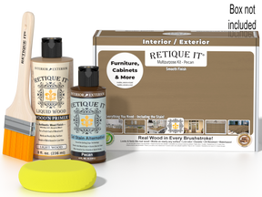 Retique It® Multi-purpose Smooth Finish Kit in Pecan for wood finishing, shown with application tools and product packaging.