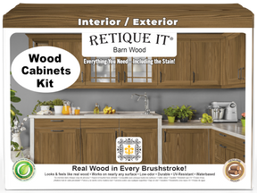 Retique It® Wood'n Cabinet Kit with 48 grained barn wood doors, showcasing natural stained wood cabinet fronts.