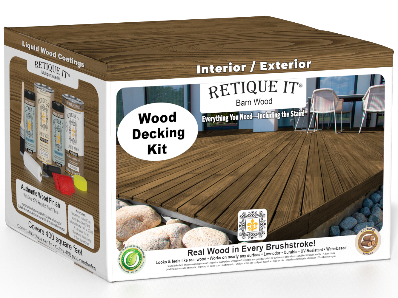 Retique It Decking Wood'n Kit Barn Wood stain sample showcasing rich, rustic wood finish for outdoor decking projects.