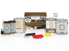 Retique It Barn Wood decking wood stain kit with wood sample and application tools for outdoor deck projects.