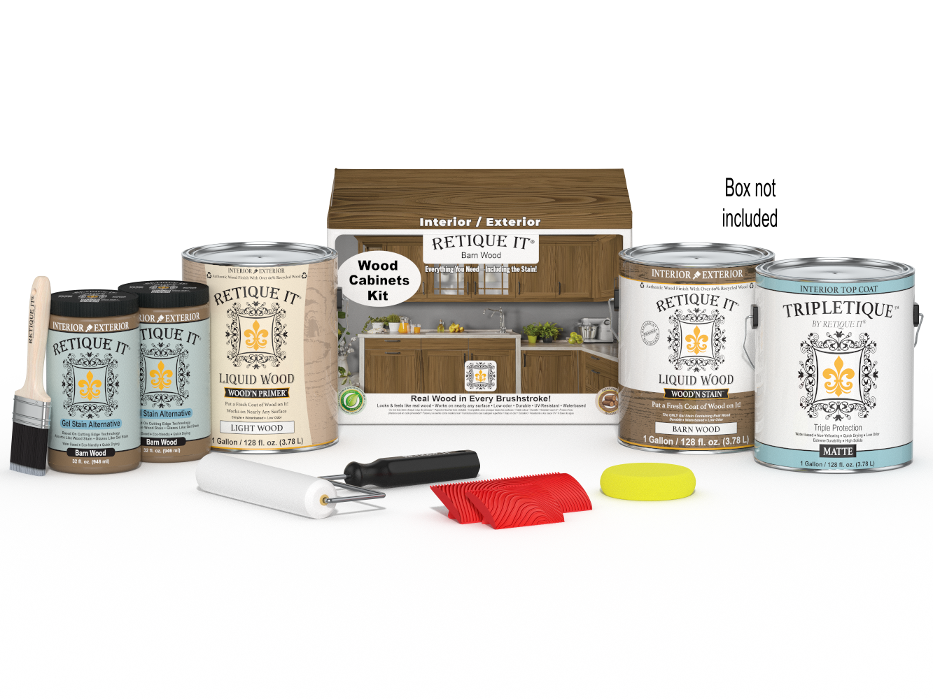 Retique It® Wood'n Cabinet Kit with 48 barn wood-stained doors, featuring textured, grained wood finish for kitchen or furniture.